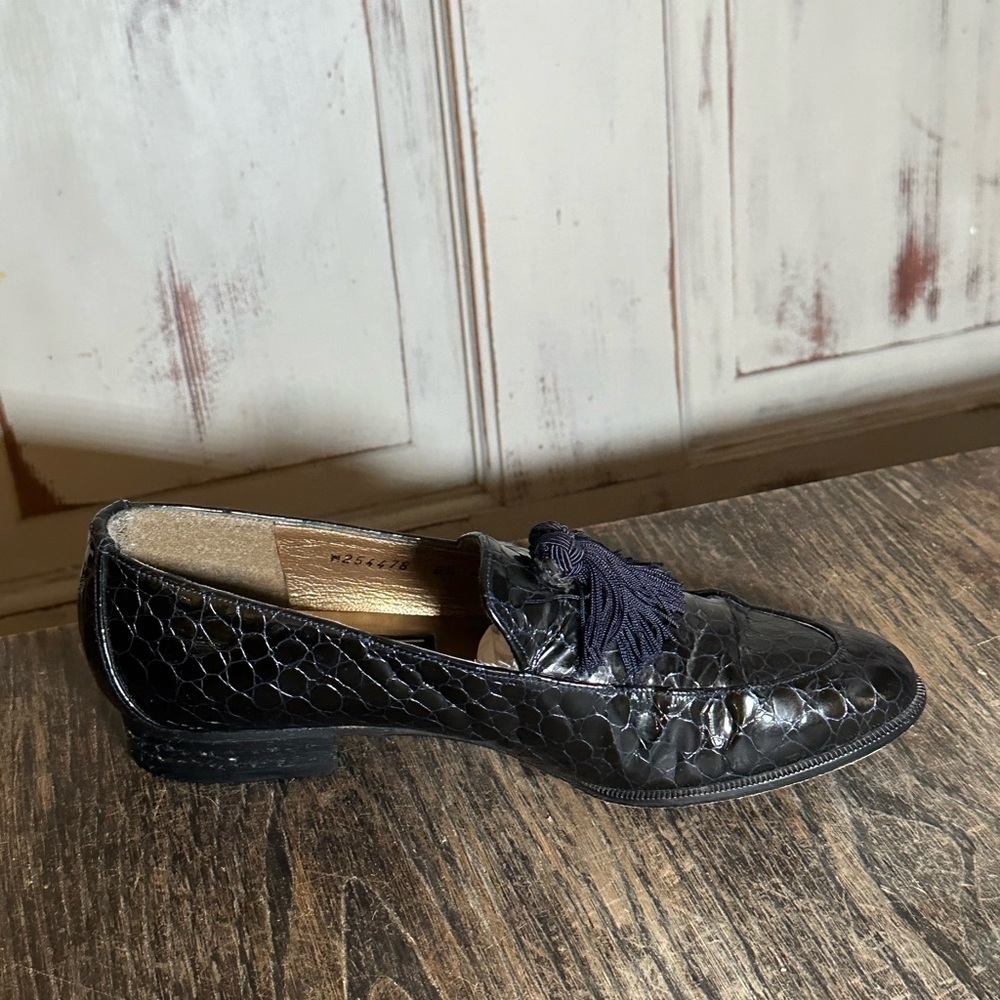 Stuart Weitzman Razmataz black Croc Leather Tassel Dress Loafers US Sz 6.5 M vtg - Picture 6 of 10